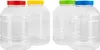 Four clear plastic storage containers with colored screw-on lids. Podgląd zdjęcia produktu