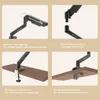 A collage of four images showing different features and installation methods of a monitor arm. Produktbild-Vorschau