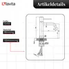 A technical drawing of a faucet with dimensions and labels, alongside product details like color and material. Produktbild-Vorschau