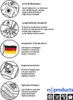 A collage of icons and text describing product features. Produktbild-Vorschau