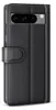A black leather flip case for a Google Pixel 8 Pro phone, shown from the side with the phone inside. Produktbild-Vorschau