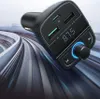 A black car FM transmitter with multiple USB ports and a digital display is shown against a blurred background of a road or track. Anteprima dell’immagine prodotto