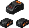 A product shot of a battery charger and two batteries. Produktbild-Vorschau