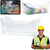 A collage of images showing a transparent storage bin, a person organizing items in bins, and a worker with a hard hat. Anteprima dell’immagine prodotto