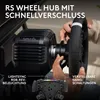 A close-up shot of a Logitech G RS50 Sim-Racing-Lenkrad-Setup with hands attaching the steering wheel to the hub. Text overlays highlight features. Produktbild-Vorschau