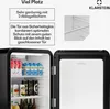 A close-up view of an open mini-fridge, showcasing its interior and some of its features with accompanying text. Produktbild-Vorschau