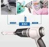 Collage showing a handheld vacuum cleaner in use for different tasks: cleaning car interior, inflating a toy, and vacuum sealing a bag. The bottom of the image shows a detailed view of the vacuum cleaner. Produktbild-Vorschau