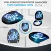 A collage of images showcasing a toilet seat with a glowing turtle design from different angles and perspectives. Produktbild-Vorschau