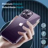 A hand holding a clear phone case with a purple iPhone inside, against a dark blue and light blue striped background. Produktbild-Vorschau