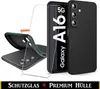 A black phone case and screen protector are displayed next to a smartphone. Produktbild-Vorschau