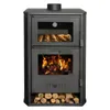 A black wood-burning stove with a glass door showing a fire and a top compartment with baked goods. Produktbild-Vorschau