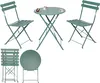 A set of green metal bistro furniture, including a round table and two chairs, displayed on a white background. The set is shown in both assembled and folded states. Náhľad obrázku produktu