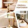 Collage of a round side table with a gold base and white top, shown in different settings like a bedroom and a balcony. Produktbild-Vorschau