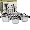 A set of stainless steel pots and pans with glass lids, displayed in front of their packaging. Podgląd zdjęcia produktu