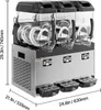 A three-tank slushie machine displayed on a white background with dimensions indicated by lines and text. Voir les images du produit