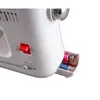 A close-up view of a white sewing machine, showing a red lever, a speed control switch, and a small drawer containing spools of thread. Produktbild-Vorschau