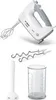 A white and gray Bosch hand mixer with accessories, including beaters, a blending attachment, and a measuring cup, displayed against a white background. Produktbild-Vorschau