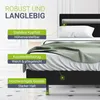 A black bed frame with a white mattress and a green blanket, featuring text overlays highlighting product features. Náhľad obrázku produktu