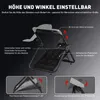 A black gaming wheel stand with annotations highlighting its adjustable features. Produktbild-Vorschau