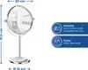 A silver stand mirror with dimensions and material information displayed. Produktbild-Vorschau