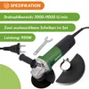 An angle grinder with accessories and product specifications. Produktbild-Vorschau
