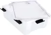 A clear studio shot of a transparent storage box with black clips. Produktbild-Vorschau