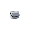 A gray compost bin with a lid and handle is shown against a white background. Voir les images du produit