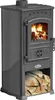 A dark gray wood-burning stove with a fire burning inside and a stack of firewood below. Náhľad obrázku produktu