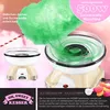 A collage showing a retro-style cream and beige cotton candy machine, with a large plume of green cotton candy being produced. Produktbild-Vorschau