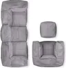 A set of modular seating components, including corner pieces, a middle section, an armchair, and a pouf, all in gray fabric, laid out on a white background. Produktbild-Vorschau