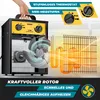 A hand holding the handle of a MASKO electric heater, with diagrams illustrating its features. Produktbild-Vorschau