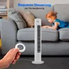 A hand holding a remote control in front of a tower fan next to a sofa with a child lying on it. Produktbild-Vorschau