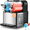 A commercial slushy machine with two tanks filled with blue and red slushy, placed on a white background. Two cocktail glasses with drinks are shown in the bottom right corner. Náhled obrázku produktu