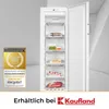 A vertical freezer is shown open with food items inside, alongside an award badge and a retailer logo. Produktbild-Vorschau