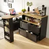 A modern bar cart with a rotating table, shelves, and drawers, set up in a living room next to a sofa. It holds various items like bottles, glasses, a tablet, and a coffee machine. Voir les images du produit