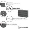 A collage of images showcasing the features of a gray dresser with drawers, including its durable surface, easy assembly, quality hardware, and maintenance. Náhled obrázku produktu