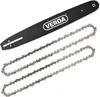A black chainsaw bar with the brand name 'VERDA' and two silver chainsaw chains laid out on a white background. Produktbild-Vorschau