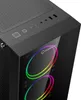 Close-up view of the front and top of a black gaming PC case with illuminated RGB fans. Produktbild-Vorschau