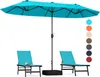 A turquoise double patio umbrella with two matching lounge chairs and a black base, set against a white background. Produktbild-Vorschau