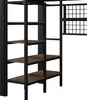 A metal bunk bed frame with wooden shelves. Náhled obrázku produktu