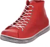 A single red high-top sneaker with white laces and a gray and white striped sole, shown from a three-quarter side view against a white background. Voir les images du produit