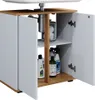 A white and wood bathroom vanity cabinet with two doors open, revealing cleaning supplies and cotton balls inside. Produktbild-Vorschau