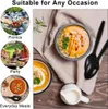 Collage of images showing black plastic spoons in different settings: a picnic, a family party, and a bowl of soup, with text overlay. Produktbild-Vorschau