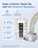 A product image showcasing a water filter attached to a faucet, with diagrams and text highlighting its features. Podgląd zdjęcia produktu