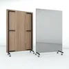 A wooden panel and a mirror panel, both on wheels, are shown against a white background. Produktbild-Vorschau