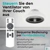 A ceiling fan with integrated light is shown mounted on a white ceiling. A remote control for the fan is placed in the foreground, along with text describing its features. The overall image is designed to showcase the product's functionality and ease of us Produktbild-Vorschau