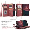 A collage of images showcasing a red phone case with multiple card slots and a zipper pocket, along with a diagram detailing its features. Produktbild-Vorschau