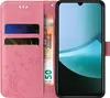 A pink flip phone case with floral and butterfly designs, showing credit cards and a 50 Euro banknote inside. Produktbild-Vorschau