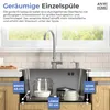 A kitchen sink with various pots and bowls inside, with measurement labels indicating dimensions. Produktbild-Vorschau