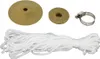 A collection of parts for a pump, including two rubber discs, a hose clamp, and a coil of white rope, laid out on a white background. Podgląd zdjęcia produktu